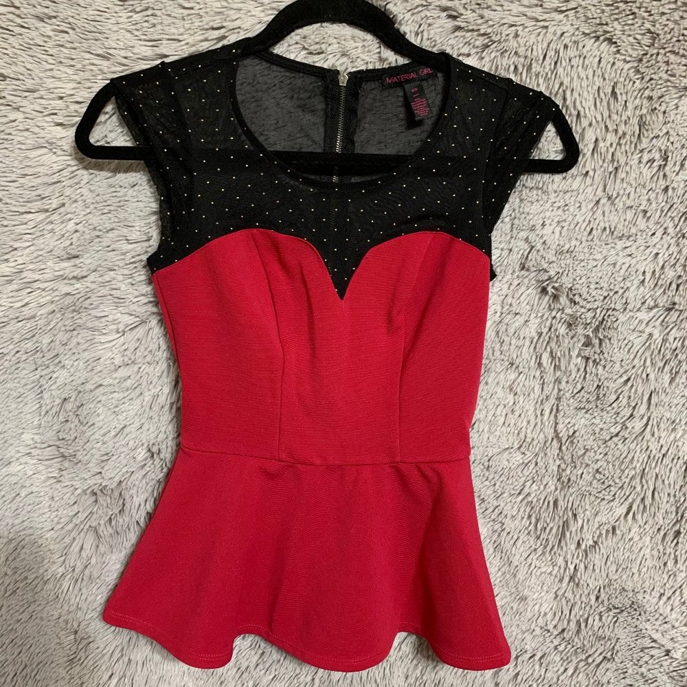 Material Girl Pink and Black Fitted Peplum Blouse